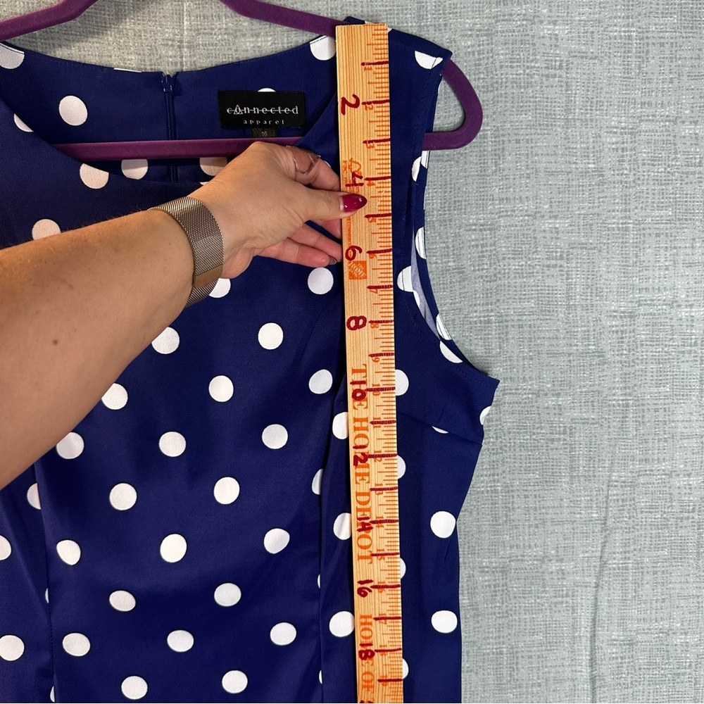 Connected Apparel Blue White Polka Dot Sheath Dress Size 16 Sleeveless Knee Work - Picture 11 of 13